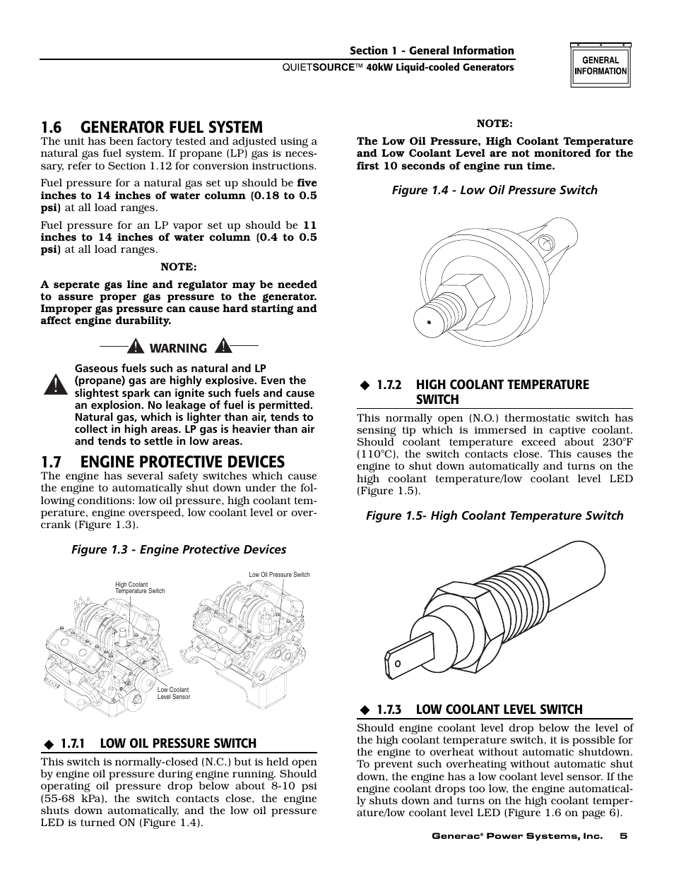 6 generator fuel system, 7 engine protective devices | Generac 37kW NG User Manual | Page 7 / 48