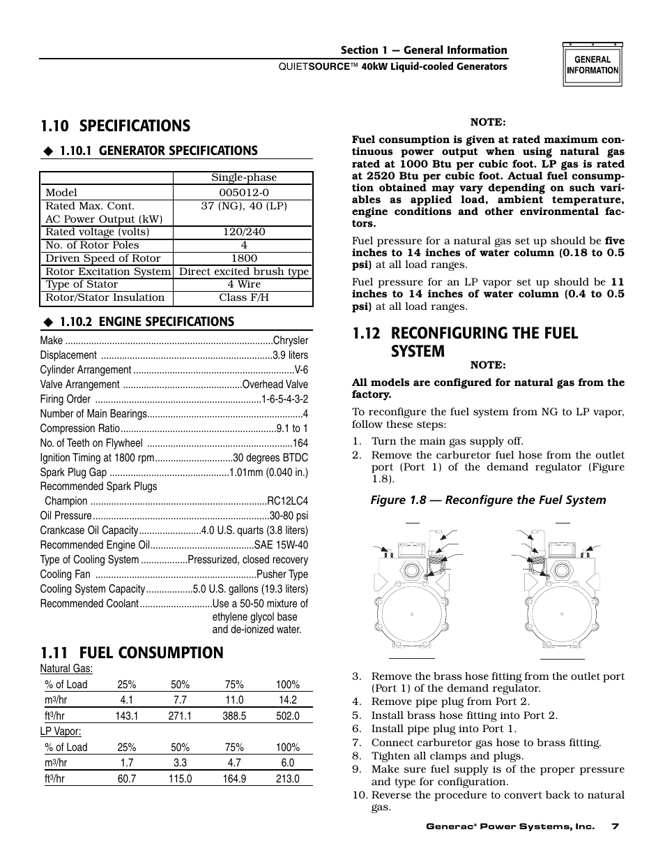 10 specifications, 11 fuel consumption, 12 reconfiguring the fuel system | Generac 37kW NG User Manual | Page 9 / 48