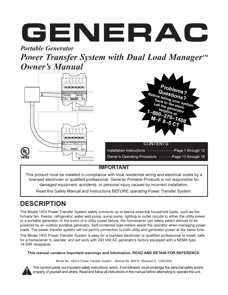 Generac 1403-0 User Manual | 16 pages