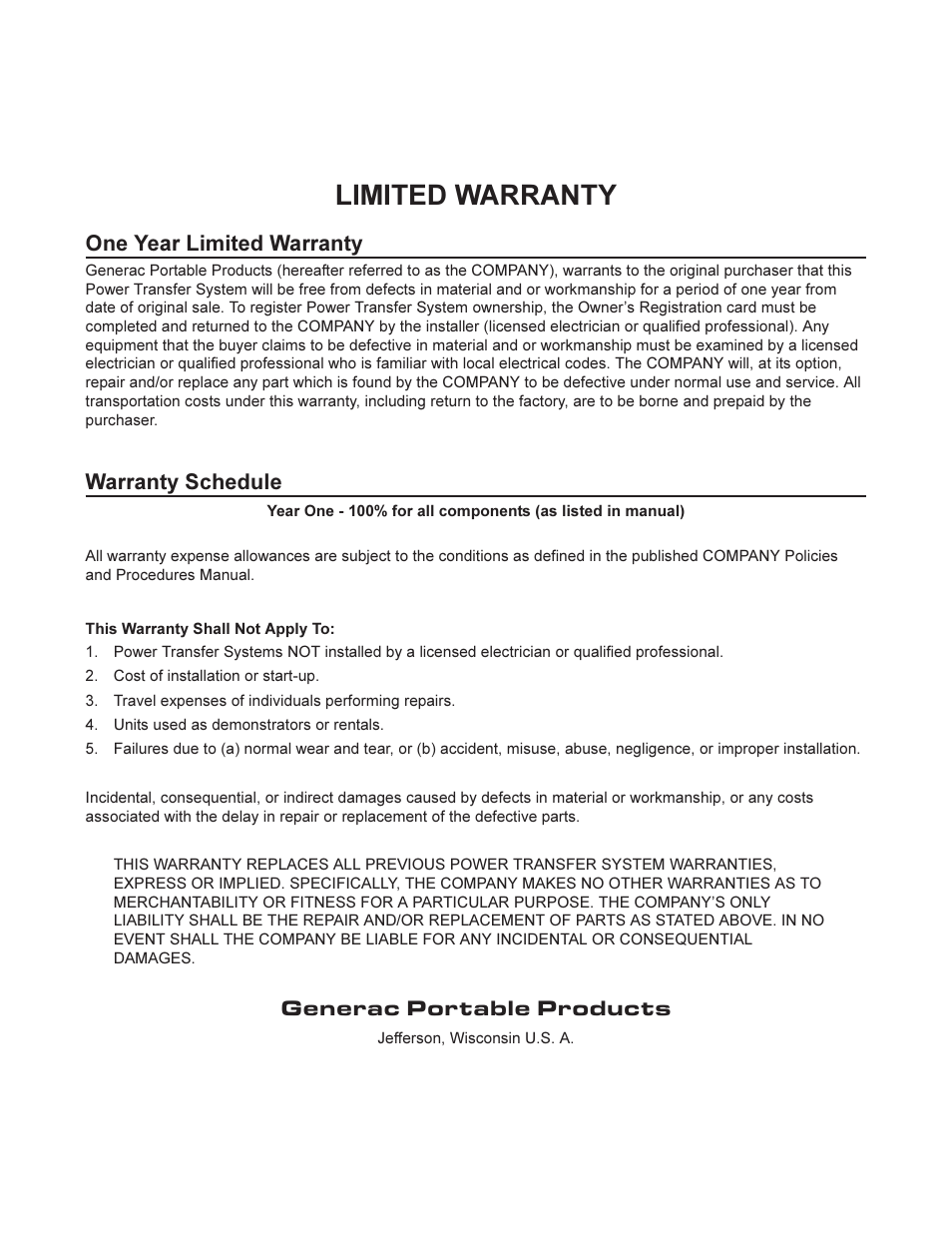 Limited warranty, One year limited warranty, Warranty schedule | Generac portable products | Generac 1403-0 User Manual | Page 16 / 16