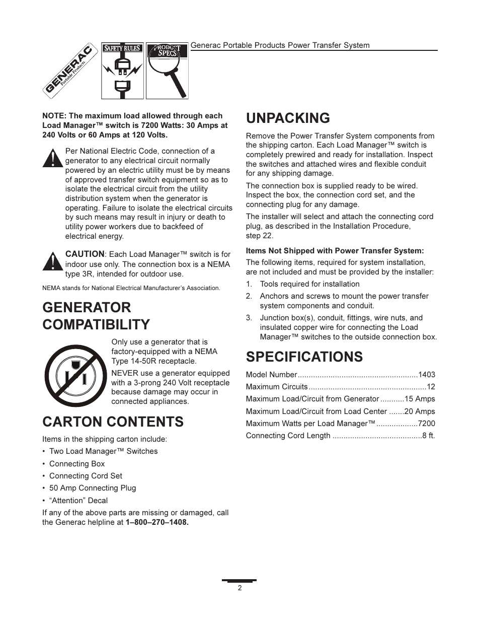 Generator compatibility, Carton contents, Unpacking | Specifications | Generac 1403-0 User Manual | Page 2 / 16