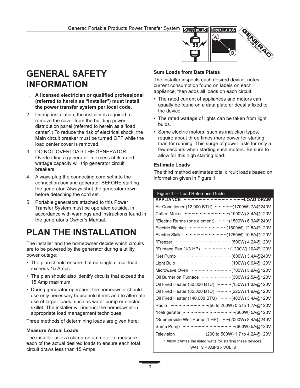 General safety information, Plan the installation | Generac 1403-0 User Manual | Page 3 / 16