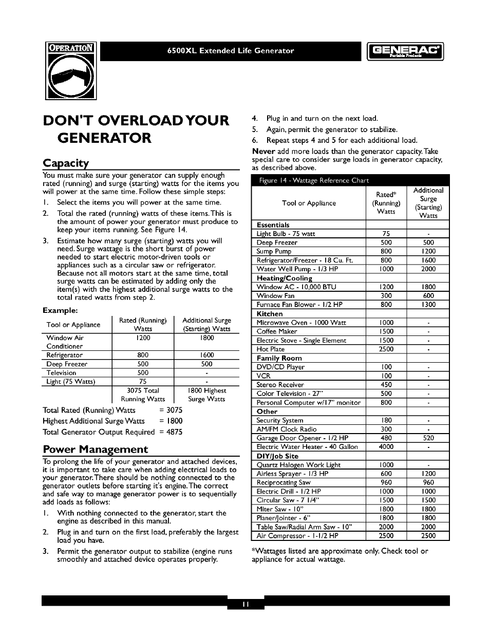 6500xl extended life generator, Overload your g en erator, Capacity | Power management | Generac 6500XL User Manual | Page 11 / 20