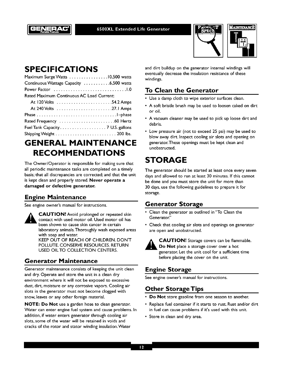 6s00xl extended life generator, Specifications, General maintenance recommendations | Storage, Engine maintenance, Generator maintenance, Generator storage, Engine storage, Other storage tips | Generac 6500XL User Manual | Page 12 / 20