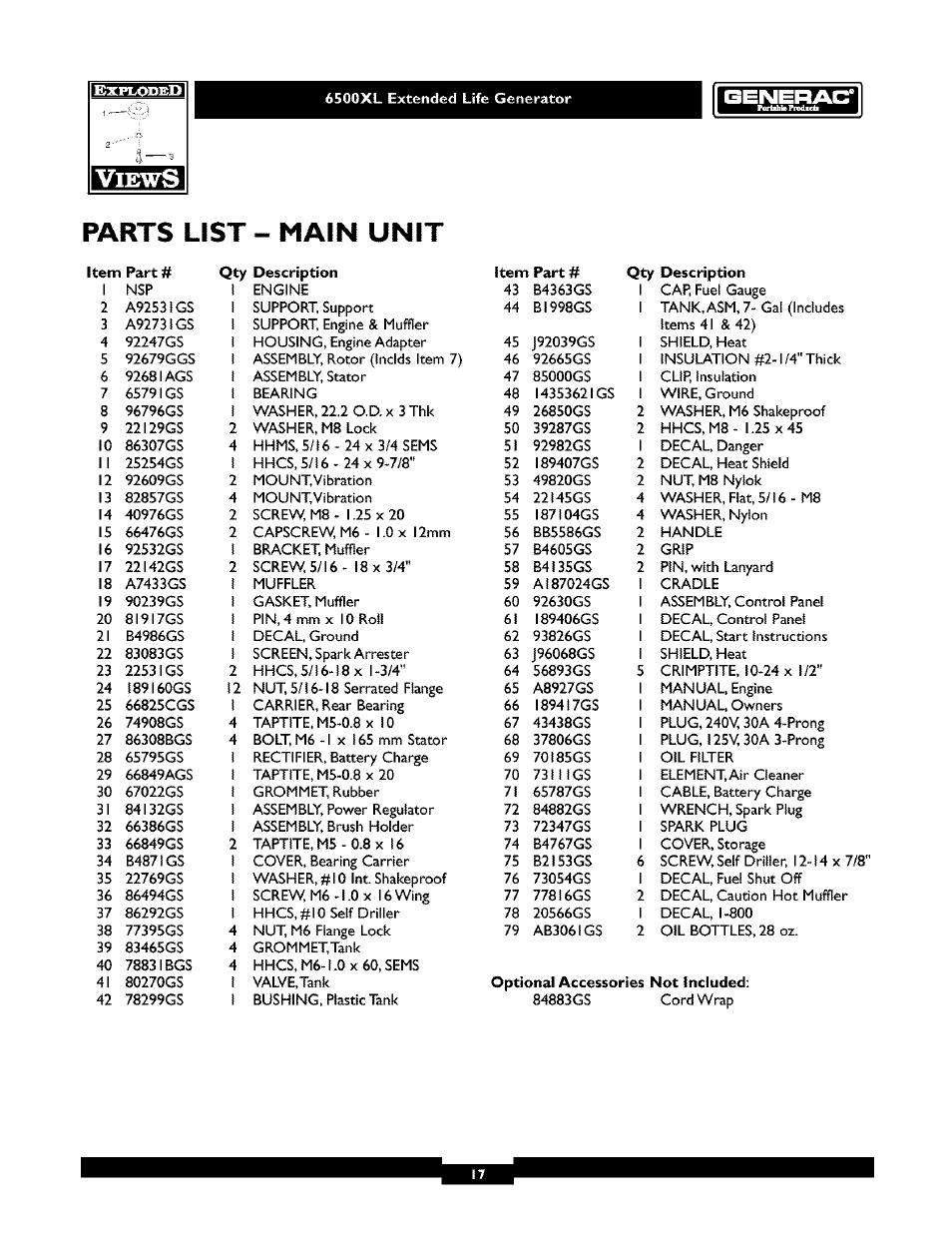 Parts list - main unit | Generac 6500XL User Manual | Page 17 / 20