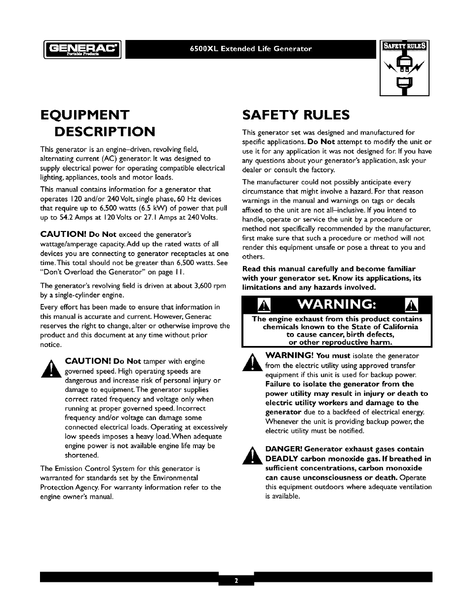 6500xl extended life generator, Equipment, Description | Safety rules, Warning, Safety rules -3, Equipment description | Generac 6500XL User Manual | Page 2 / 20