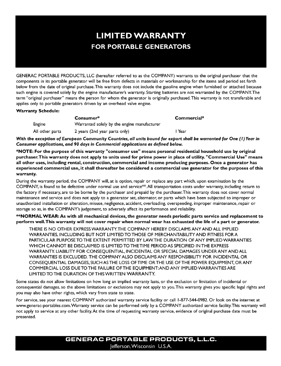 Limited warranty, Consumer, For portable generators | Generac 6500XL User Manual | Page 20 / 20