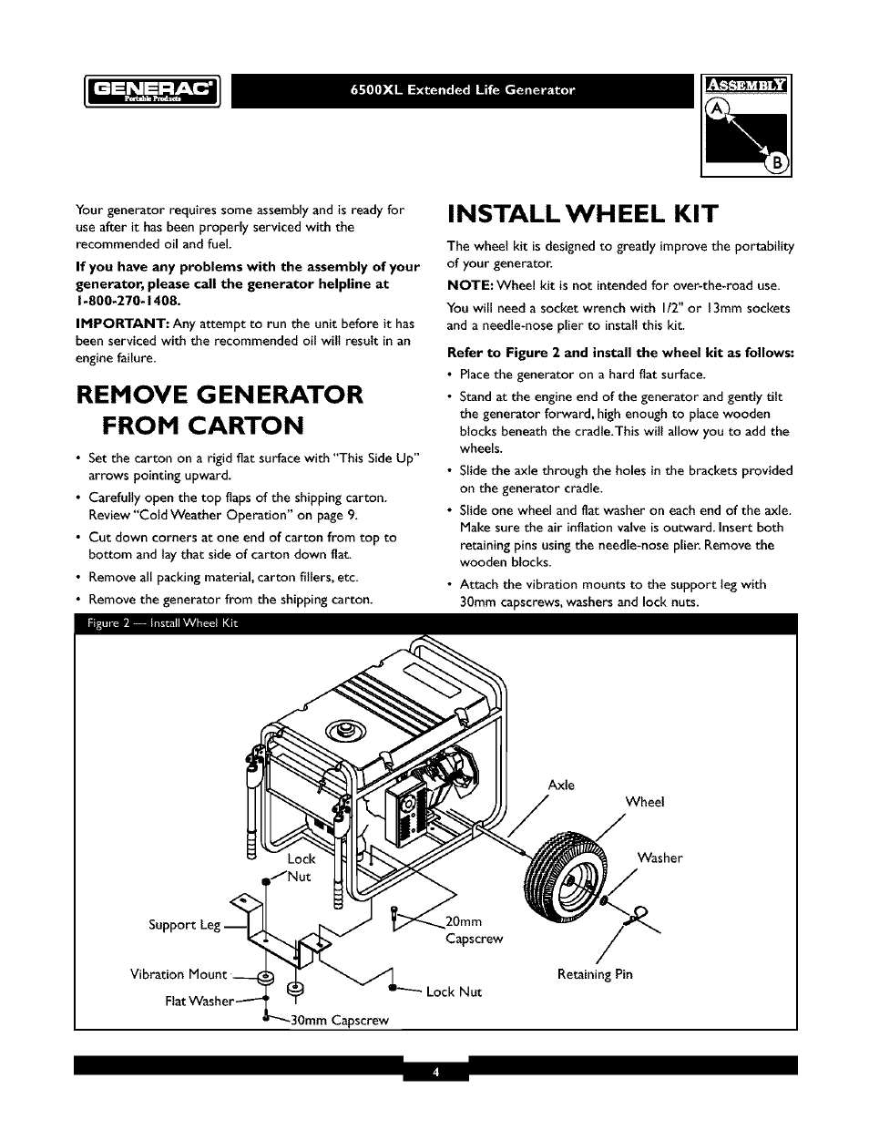 From carton, Install wheel kit | Generac 6500XL User Manual | Page 4 / 20