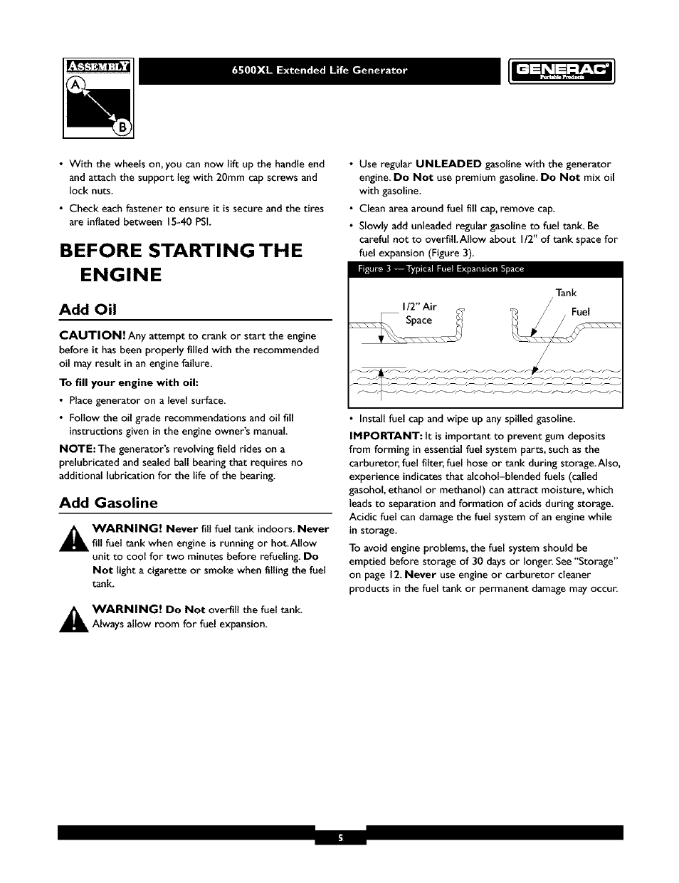 6500xl extended life generator, Before starting the engine, Add oil | Add gasoline | Generac 6500XL User Manual | Page 5 / 20