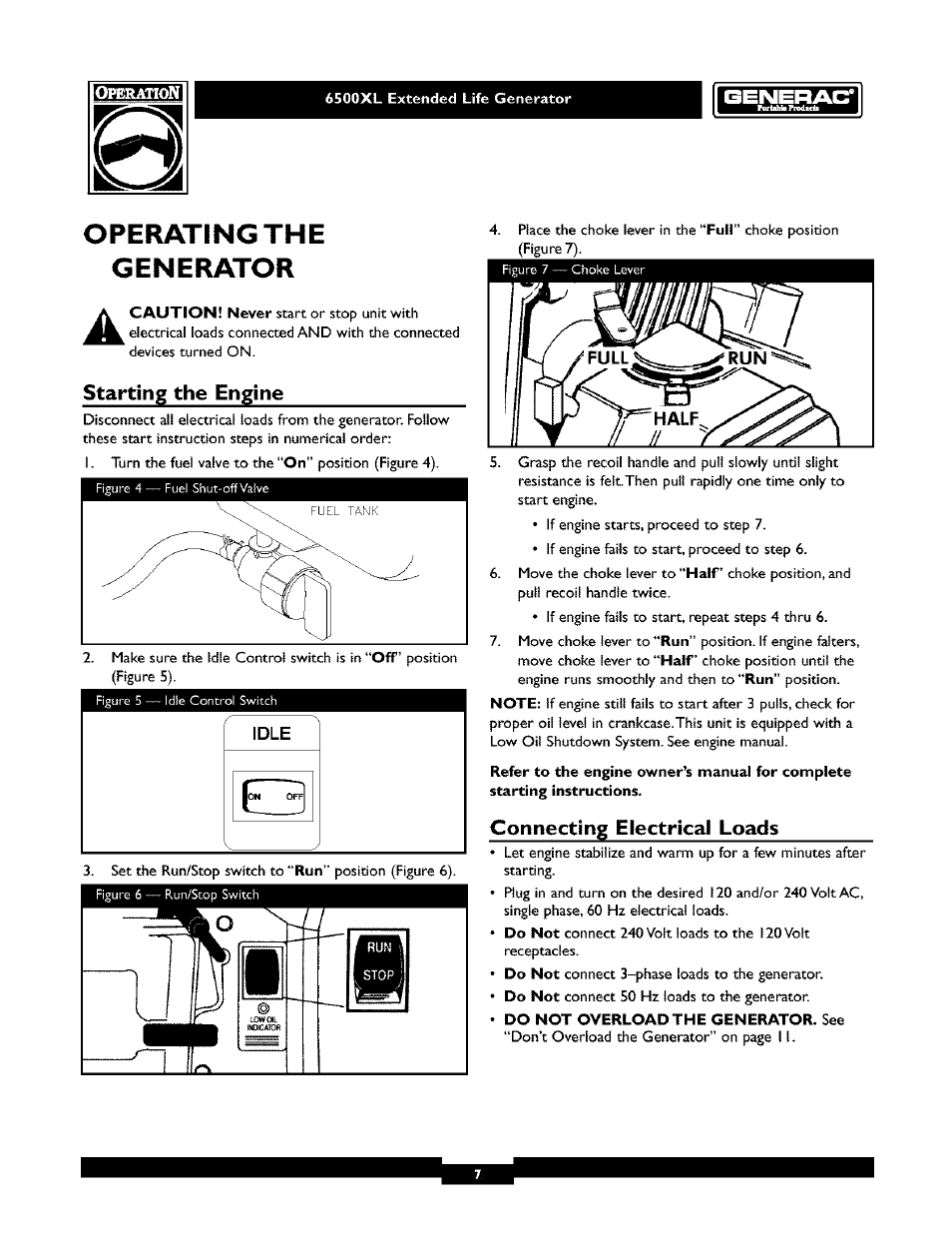 G en er./vtor, Do not overload the generator. see, Starting the engine | Connecting electrical loads | Generac 6500XL User Manual | Page 7 / 20