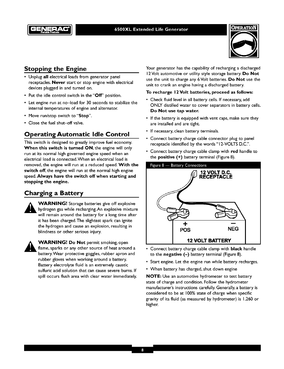 Stopping the engine, Operating automatic idle control, Charging a battery | Generac 6500XL User Manual | Page 8 / 20