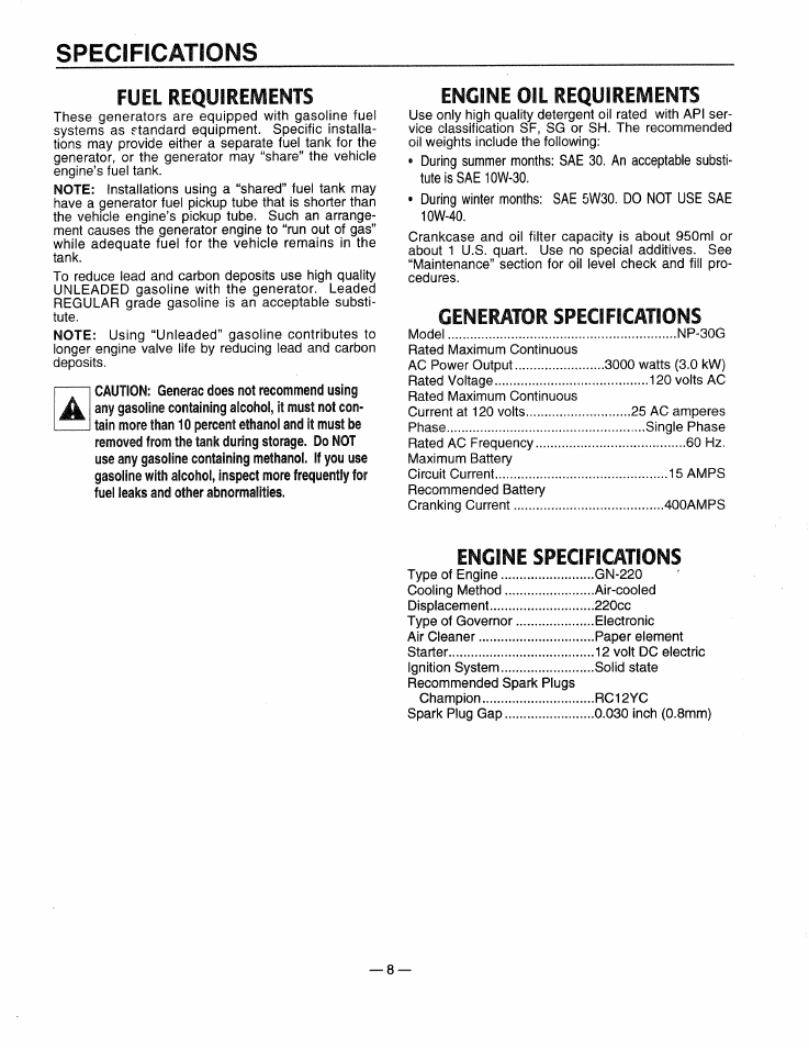 Fuel requmements, Engine oil requireivients, Generator specifications | Engine specifications, Engine oil requirements, Speciffcatioms | Generac 0661-4 User Manual | Page 10 / 48