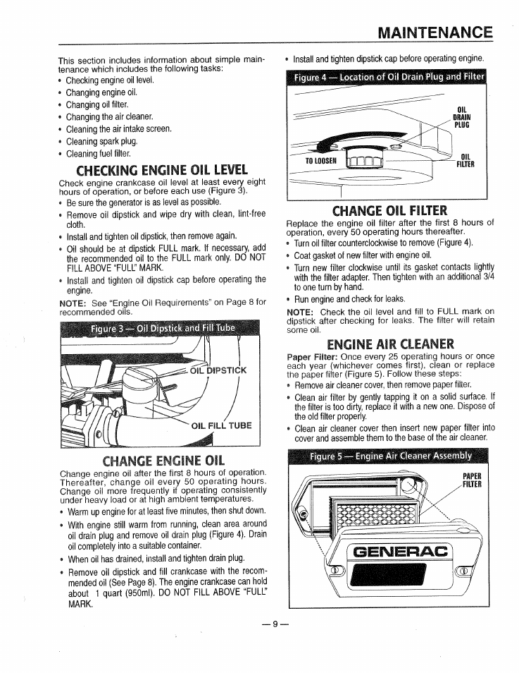 Checking engine oil le¥el, Change engine oil, Maintenance | Filter, Change oil, Engine air cleaner | Generac 0661-4 User Manual | Page 11 / 48
