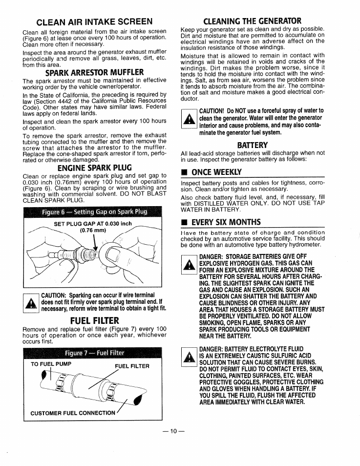 Clean air intake screen, Spark arrestor muffler, Engine spark plug | Fuel filter, Cleaning the generator, Battery, Once weekly, Every six months | Generac 0661-4 User Manual | Page 12 / 48