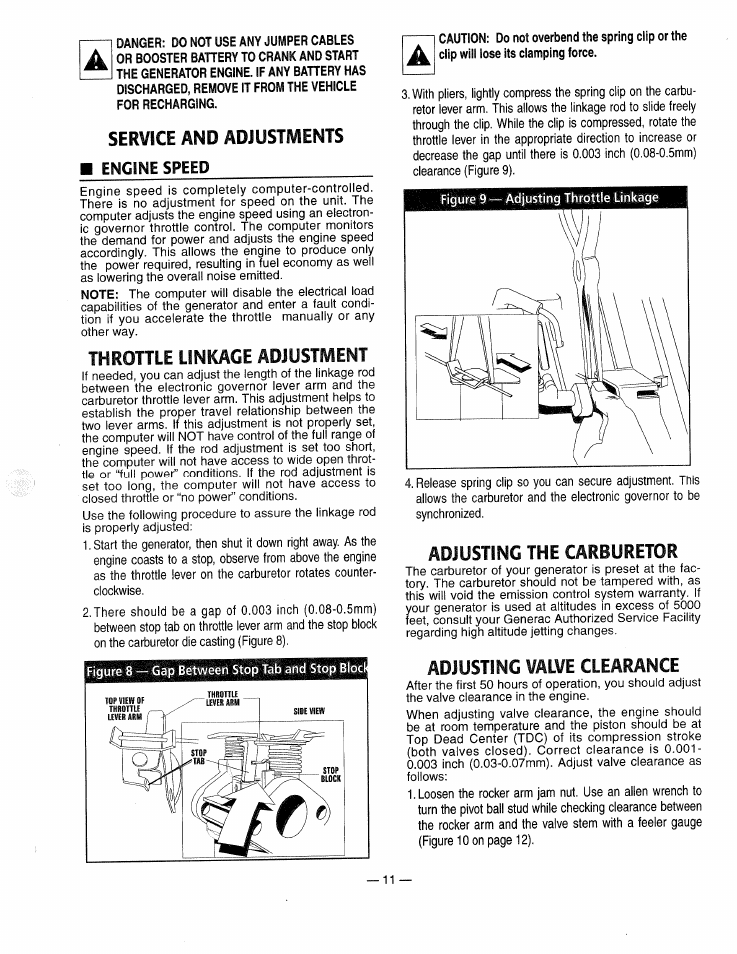 Service and adjustments, Engine speed, Throttle linkage adjustment | Adjusting the carburetor, Adjusting valve clearance, Adjusting valve clearance -12 | Generac 0661-4 User Manual | Page 13 / 48