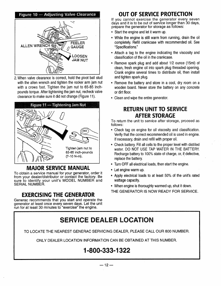 Out of service protection, Return unit to service after storage, Return the unit to service after storage | Service dealer location, Major service manual, Exercising the generator | Generac 0661-4 User Manual | Page 14 / 48