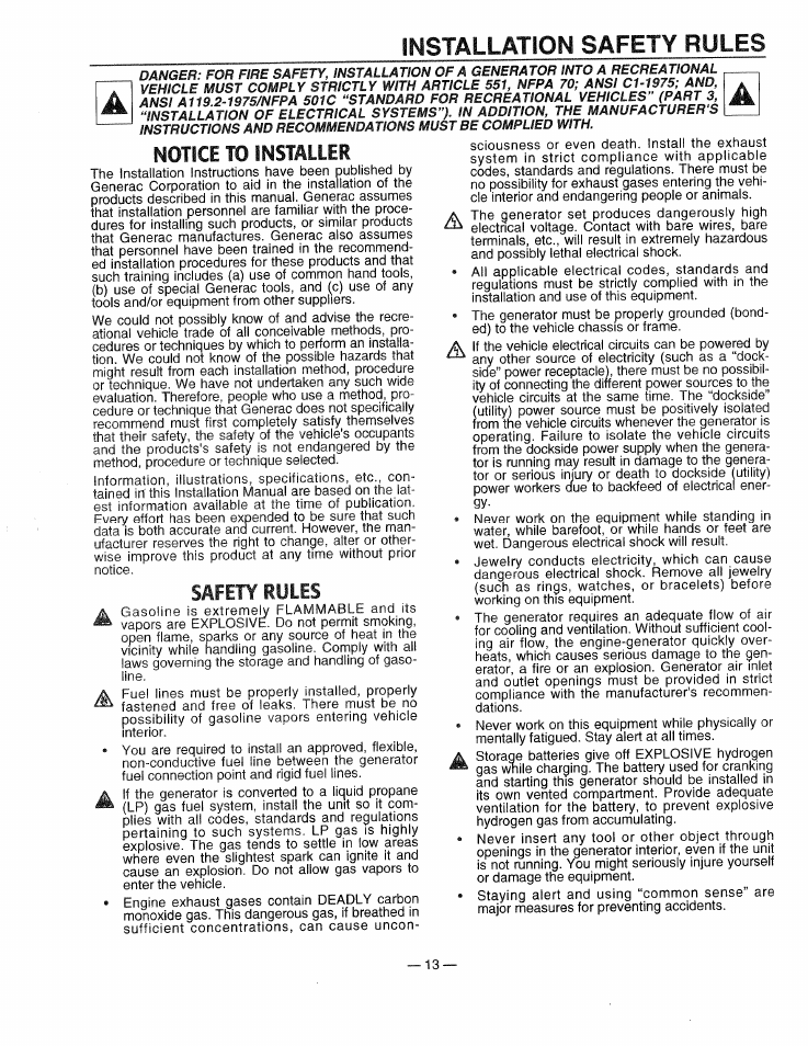 Notice to installer, Safety rules, Installation safety rules | Generac 0661-4 User Manual | Page 15 / 48