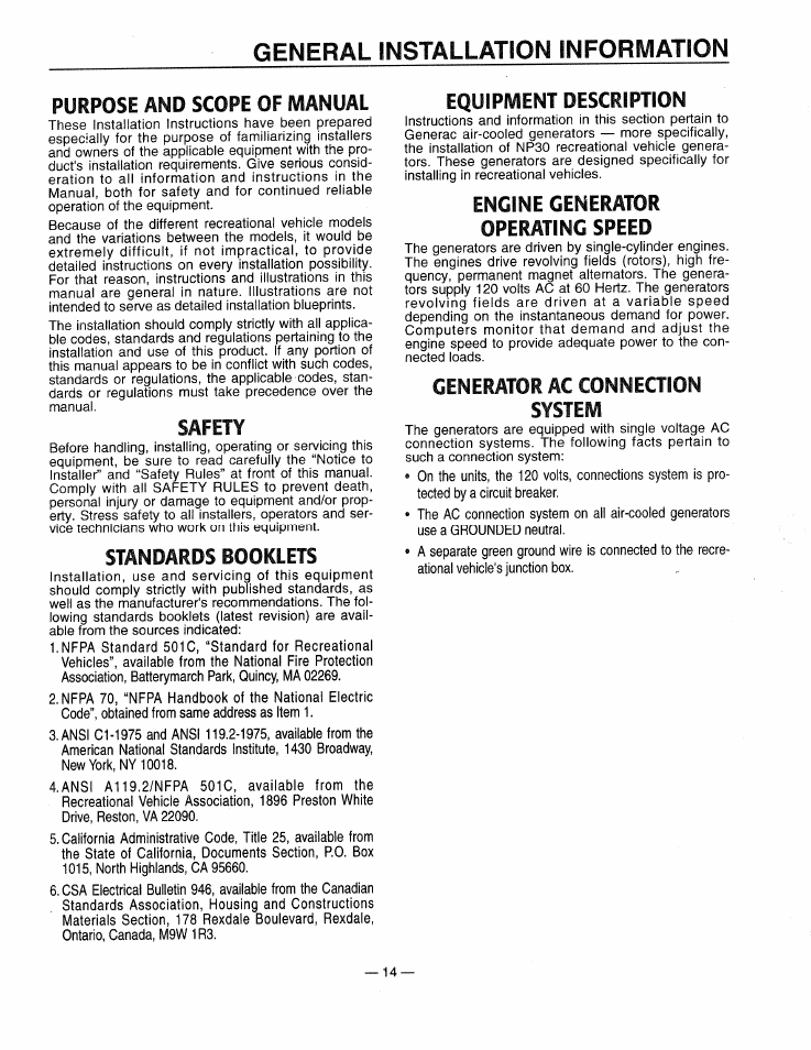 General installation information, Purpose and scope of manual, Safety | Stanoaros booklets, Equipment description, Engine generator operating speed, Generator ac connection system | Generac 0661-4 User Manual | Page 16 / 48