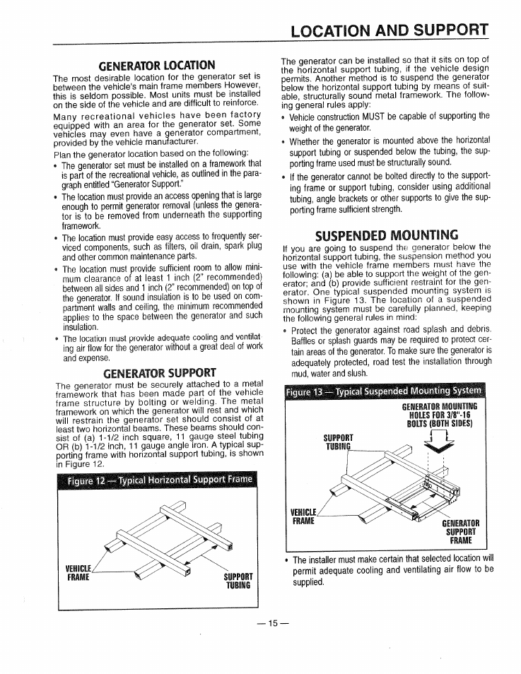 Generator location, Generator support, Suspended mounting | Generator specifications, Generator support suspended mounting, Location and support | Generac 0661-4 User Manual | Page 17 / 48