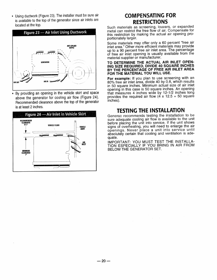 Compensating for restrictions, Testing the installation | Generac 0661-4 User Manual | Page 22 / 48