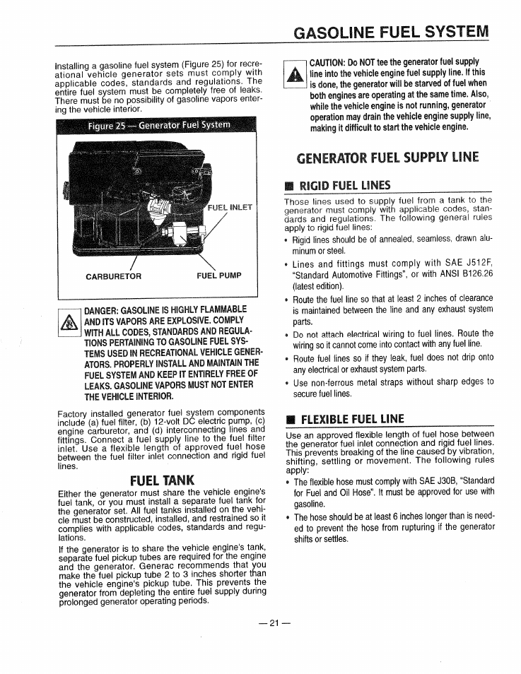 Fuel tank, Flexible fuel line, Gasoline fuel system | Generator fuel supply line, Rigid fuel lines | Generac 0661-4 User Manual | Page 23 / 48