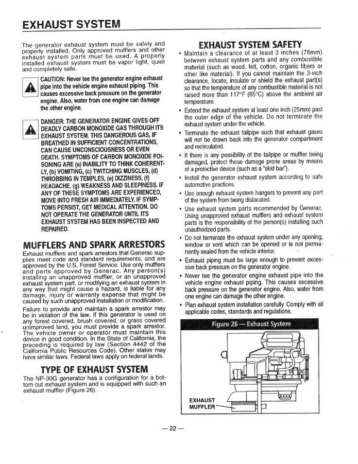 Exhaust system, Mufflers and spark arrestors, Type of exhaust system | Exhaust system safety, Exhaust system -23 | Generac 0661-4 User Manual | Page 24 / 48