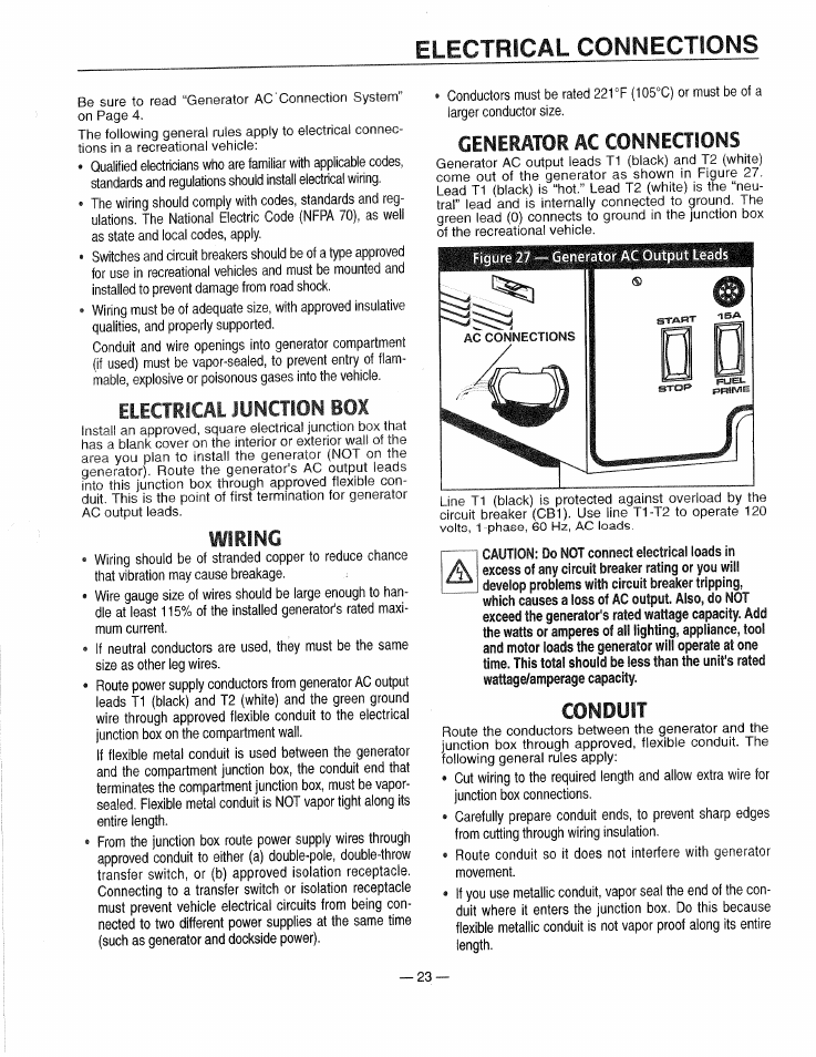 Wiring, Generator ac connections, Conduit | Generator location, Electrical connections, Electrical junction | Generac 0661-4 User Manual | Page 25 / 48