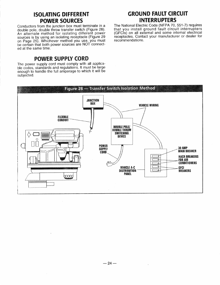 Isolminc differemt power sources, Ground fault circuit interrupters, Power supply cord | Generac 0661-4 User Manual | Page 26 / 48