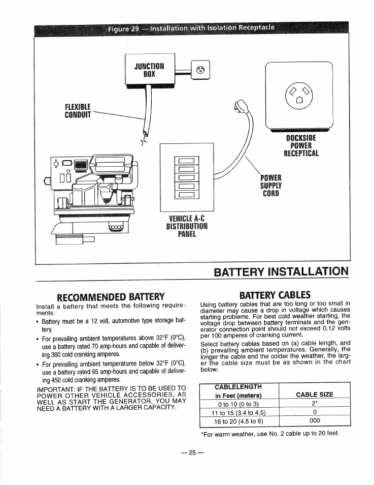 Recommended battery, Battery cables, Battery installation | Generac 0661-4 User Manual | Page 27 / 48