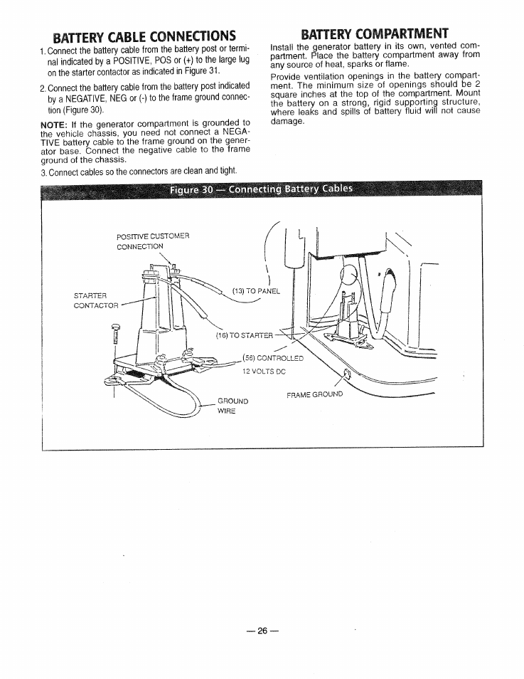 Battery cable connections, Battery cowpartment | Generac 0661-4 User Manual | Page 28 / 48