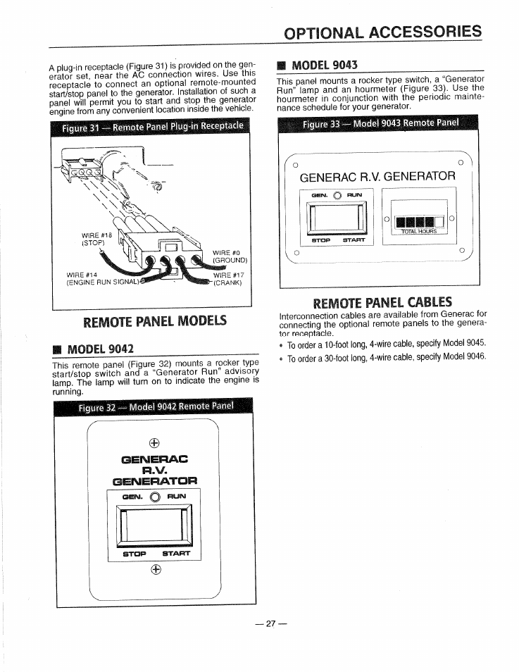 Remote panel models, Model 9042, Remote panel cables | Optional accessories, Model 9043, Generac r.v. generator | Generac 0661-4 User Manual | Page 29 / 48