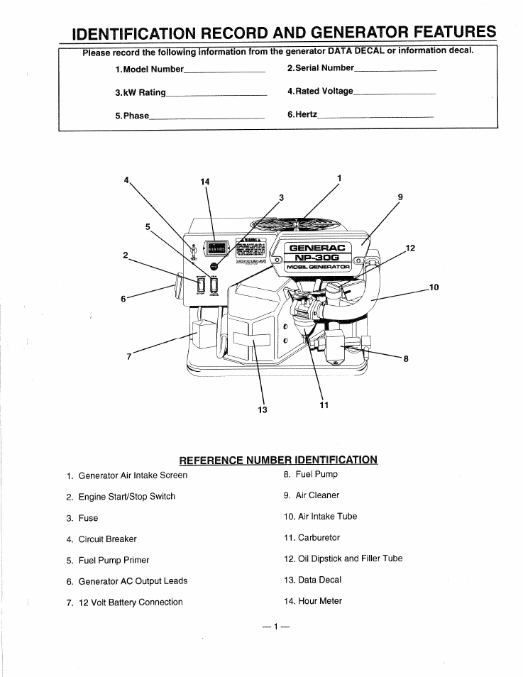 Identification record and generator features | Generac 0661-4 User Manual | Page 3 / 48