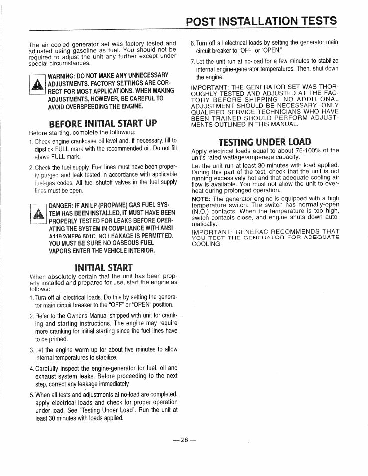 Before initial start up, Testing under load, Initial start | Post installation tests, Testing, Under load | Generac 0661-4 User Manual | Page 30 / 48