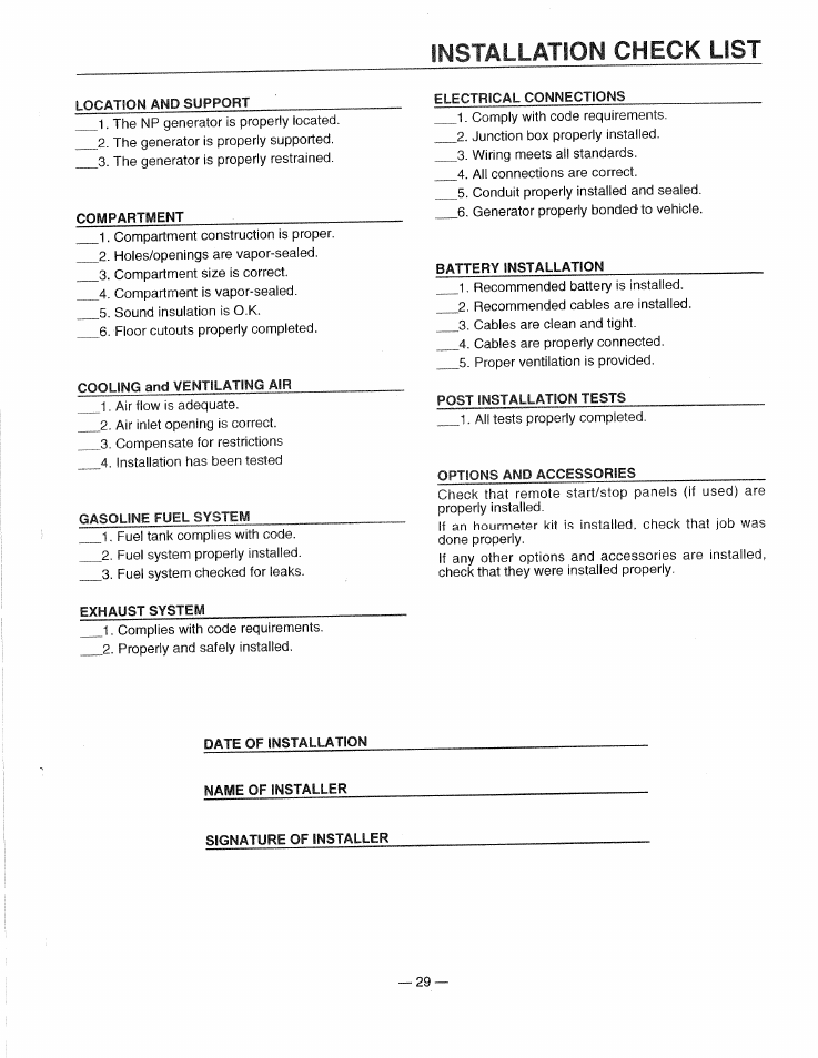 Installation check list | Generac 0661-4 User Manual | Page 31 / 48