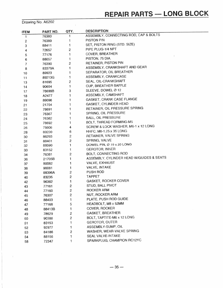 Repair parts -- long block | Generac 0661-4 User Manual | Page 37 / 48