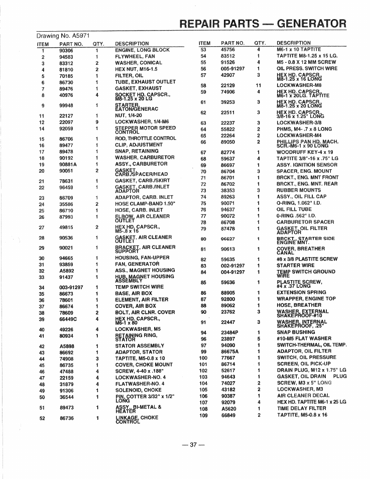 Repair parts -- generator | Generac 0661-4 User Manual | Page 39 / 48