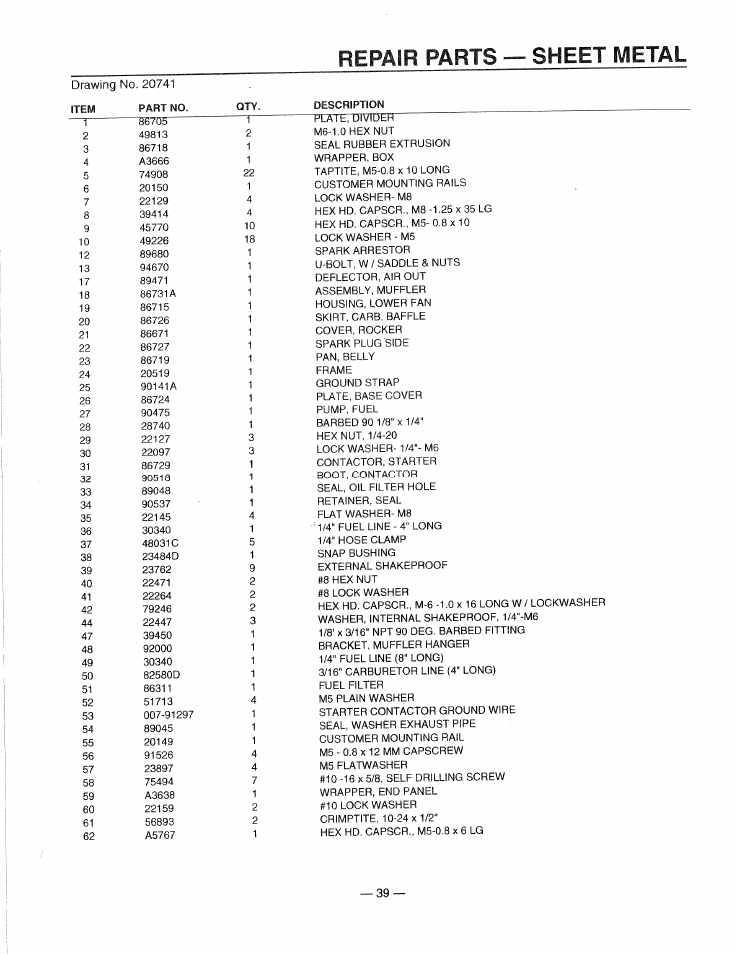 Repair parts — sheet metal | Generac 0661-4 User Manual | Page 41 / 48