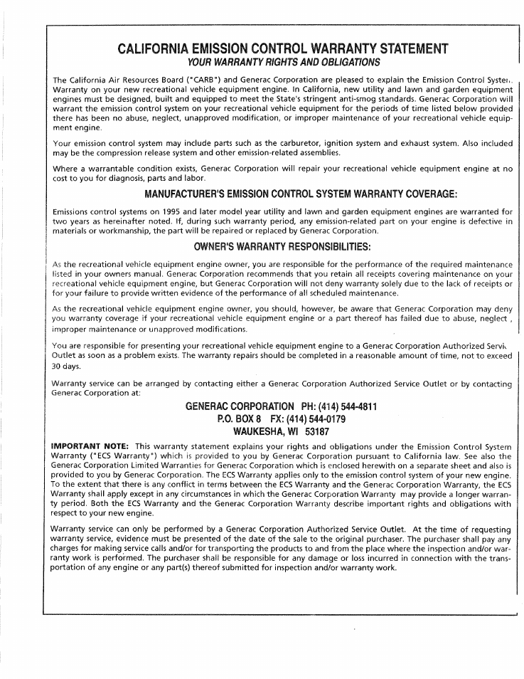 California emission control warranty statement | Generac 0661-4 User Manual | Page 46 / 48