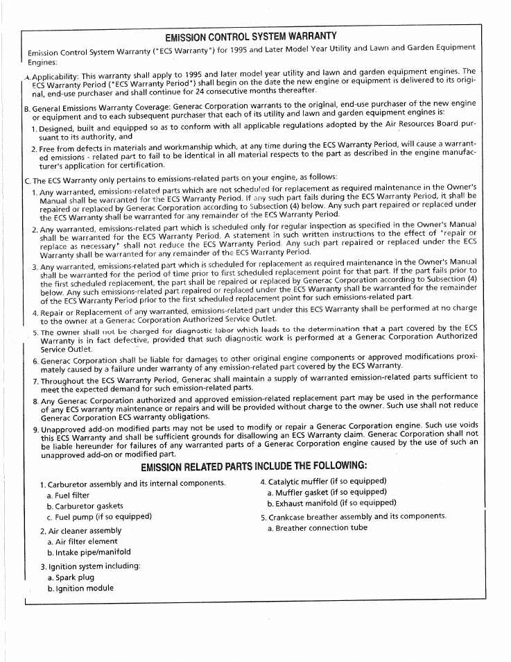 Emission control system warranty, Emission related parts include the following | Generac 0661-4 User Manual | Page 47 / 48