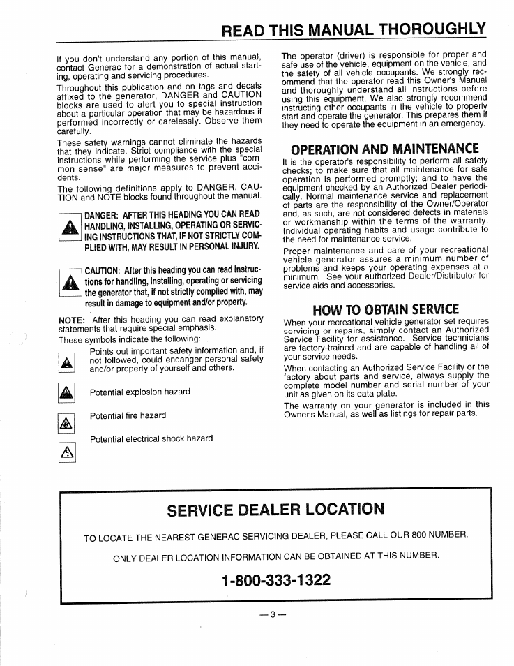 Operation and maintenance, How to obtain service, Read this manual thoroughly | Service dealer location | Generac 0661-4 User Manual | Page 5 / 48