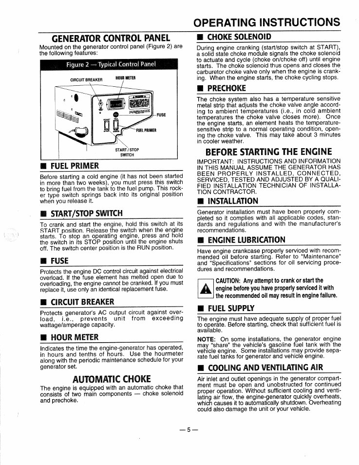 Generator control panel, Choke solenoid, Start/stop switch | Fuse, Circuit breaker, Hour meter, Automatic choke, Prechoke, Before starting the engine, Installation | Generac 0661-4 User Manual | Page 7 / 48