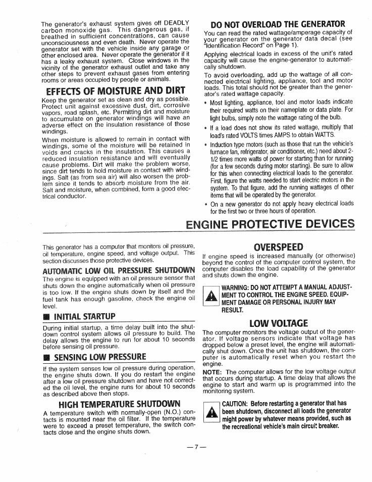 Effects of moisture and dirt, Automatic low oil pressure shutdown, Initial startup | Sensing low pressure, High temperature shutdown, Overspeed, Low voltage, Engine protective devices, Effects, Of moisture and dirt | Generac 0661-4 User Manual | Page 9 / 48