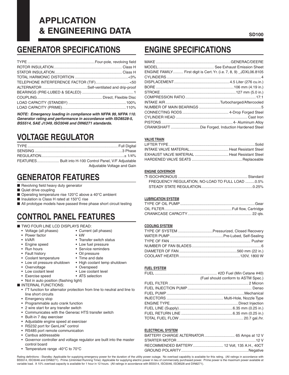 Generator specifications, Engine specifications, Voltage regulator generator features | Generac SD100 User Manual | Page 2 / 4