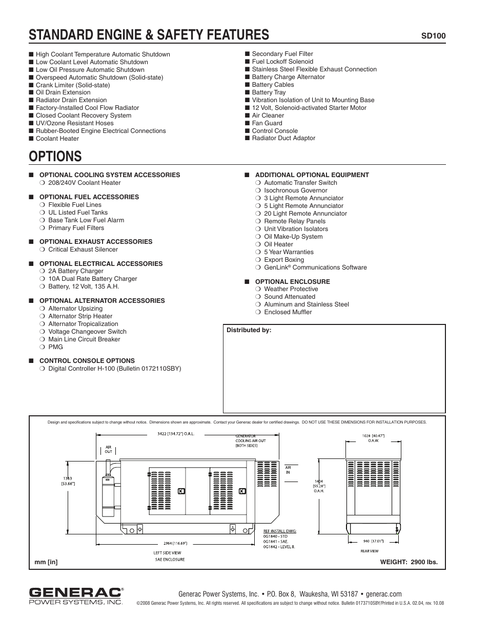 Standard engine & safety features, Options | Generac SD100 User Manual | Page 4 / 4
