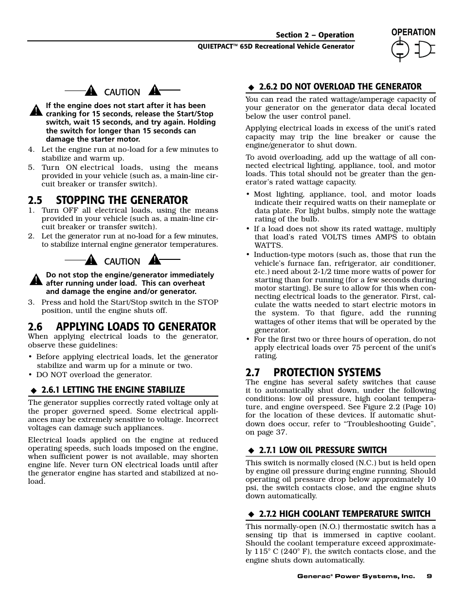 5 stopping the generator, 6 applying loads to generator, 7 protection systems | Generac 004614-1 User Manual | Page 11 / 68