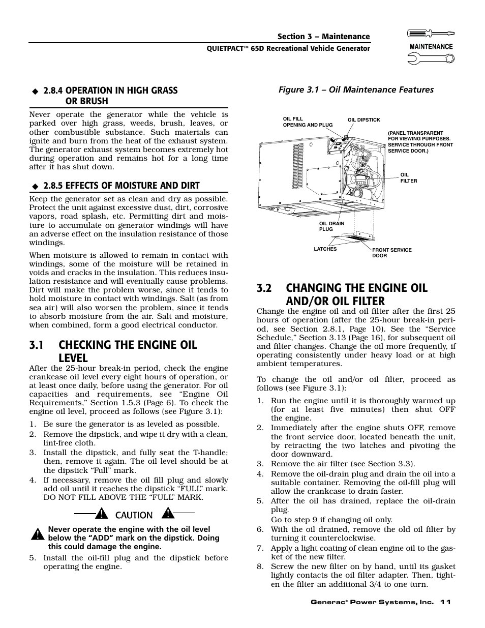 1 checking the engine oil level, 2 changing the engine oil and/or oil filter | Generac 004614-1 User Manual | Page 13 / 68