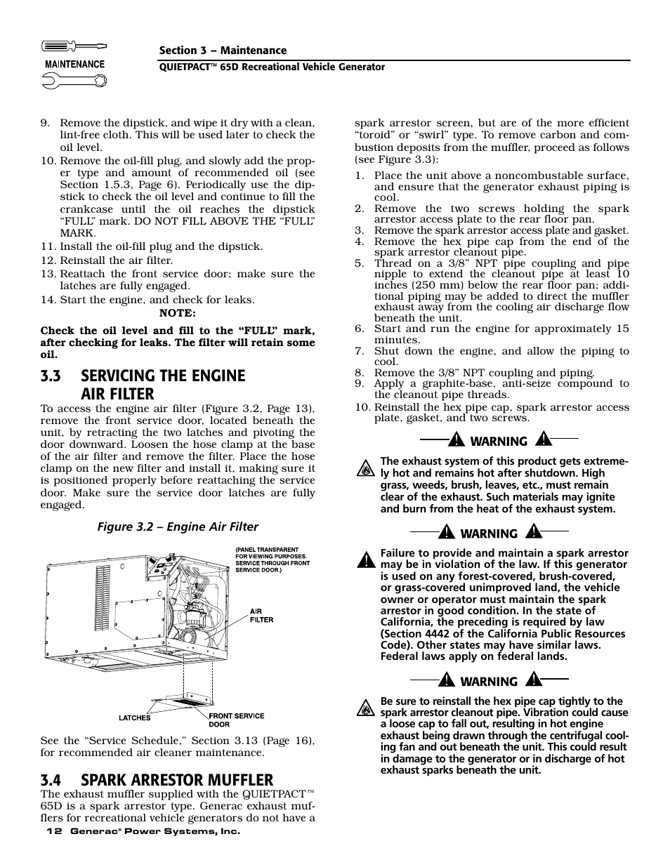 3 servicing the engine air filter, 4 spark arrestor muffler | Generac 004614-1 User Manual | Page 14 / 68