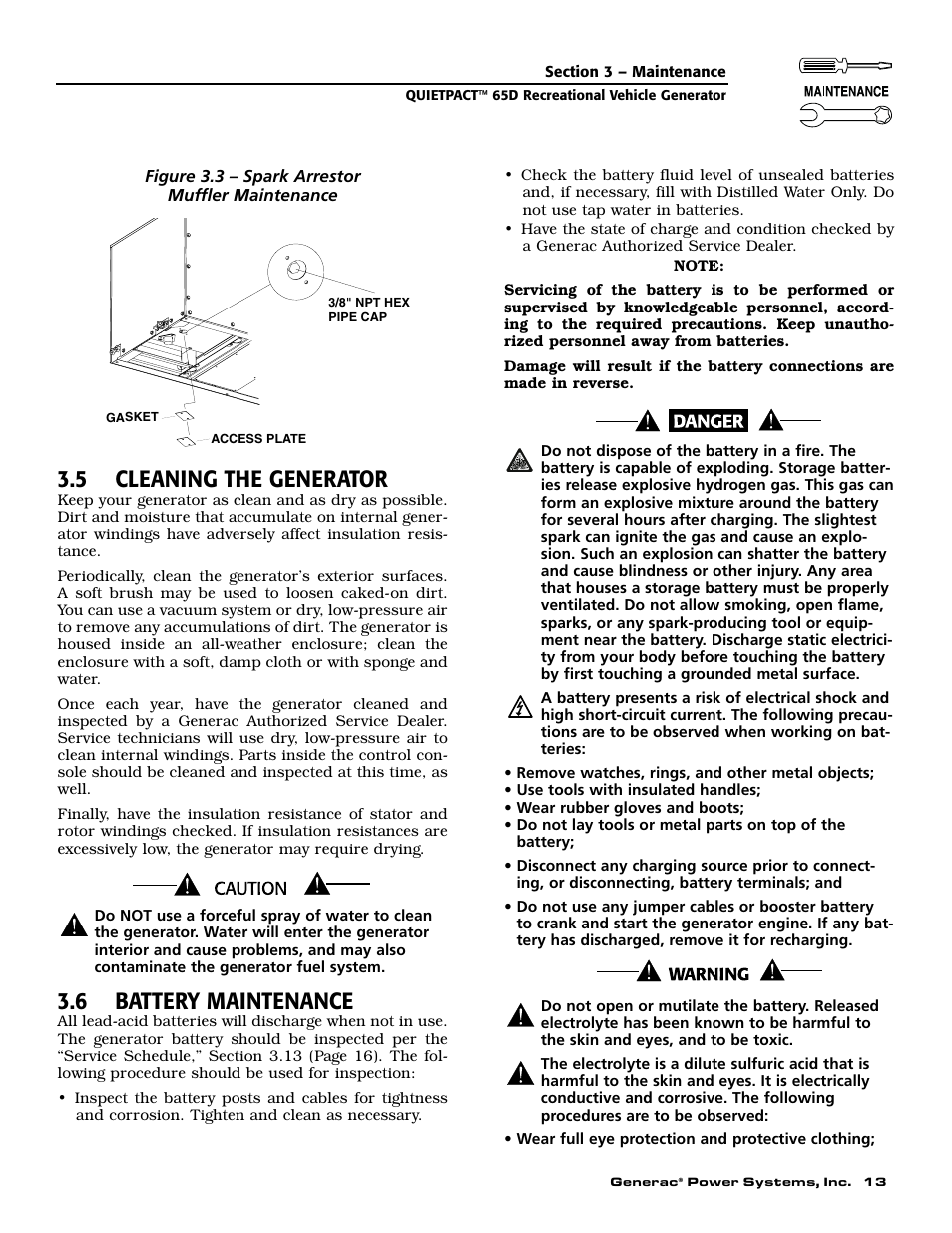 5 cleaning the generator, 6 battery maintenance | Generac 004614-1 User Manual | Page 15 / 68