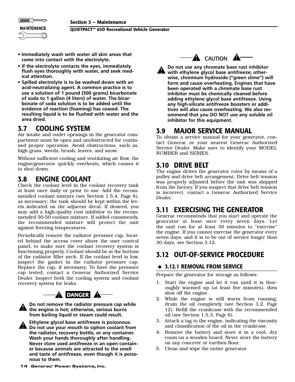 7 cooling system, 8 engine coolant, 9 major service manual | 10 drive belt, 11 exercising the generator, 12 out-of-service procedure | Generac 004614-1 User Manual | Page 16 / 68