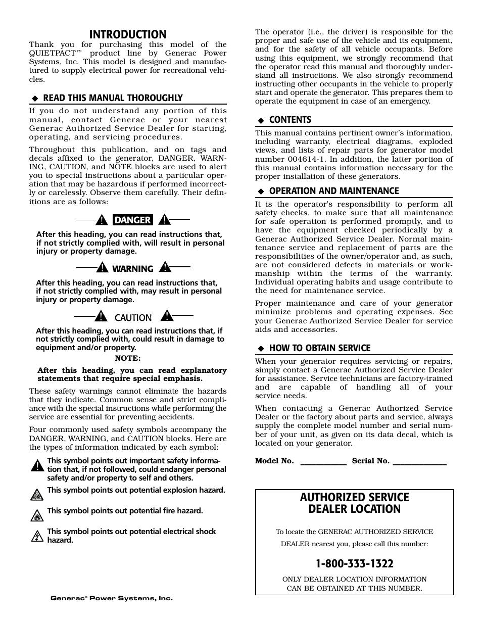 Introduction, Authorized service dealer location | Generac 004614-1 User Manual | Page 2 / 68